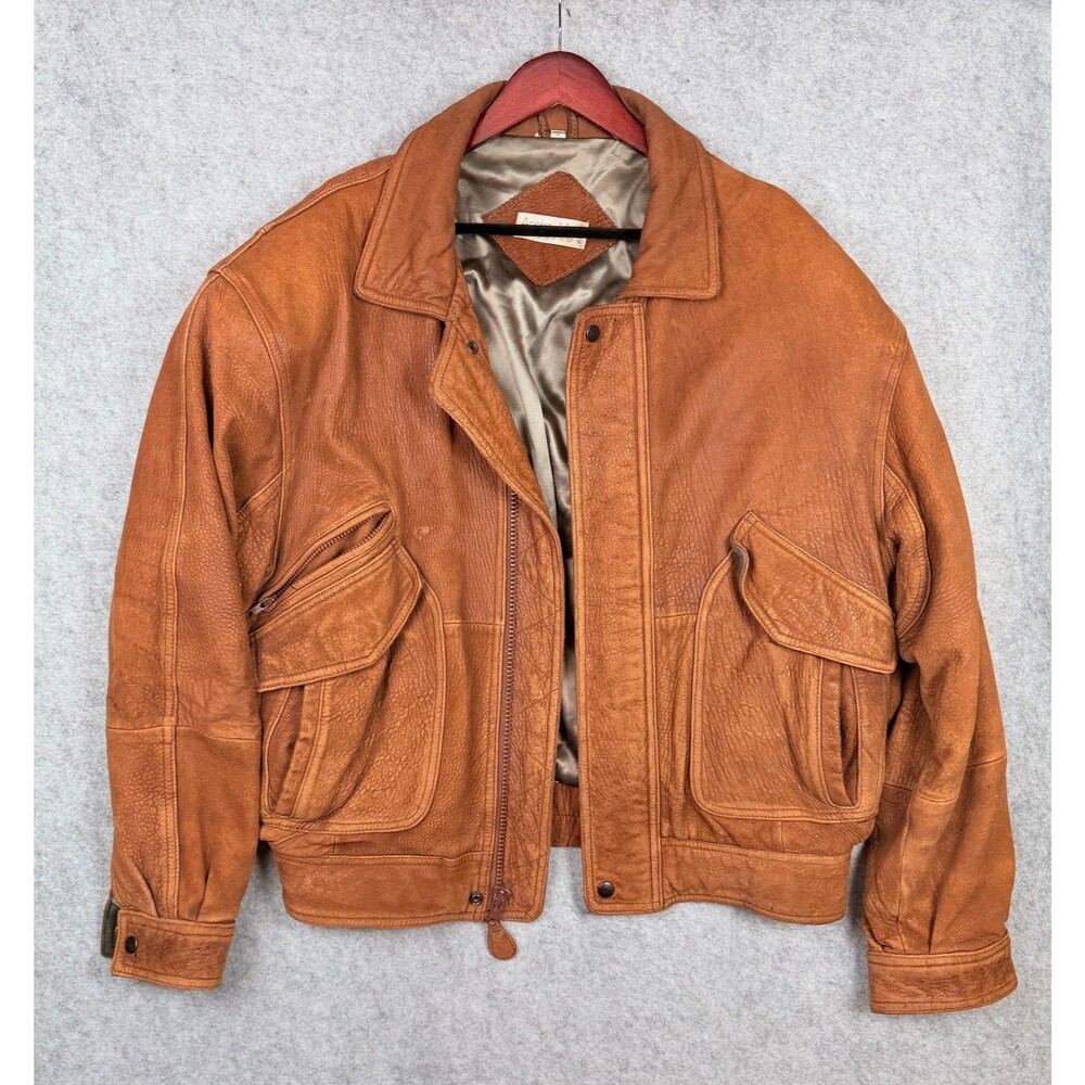Vtg Andrew Marc Distressed Brown Leather Utility Bomber Jacket Patina L-XL